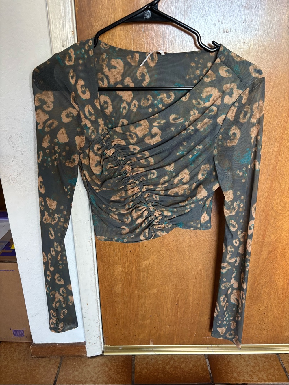 Free People Olive Green and Tan Leopard Ruched Long-Sleeve Top